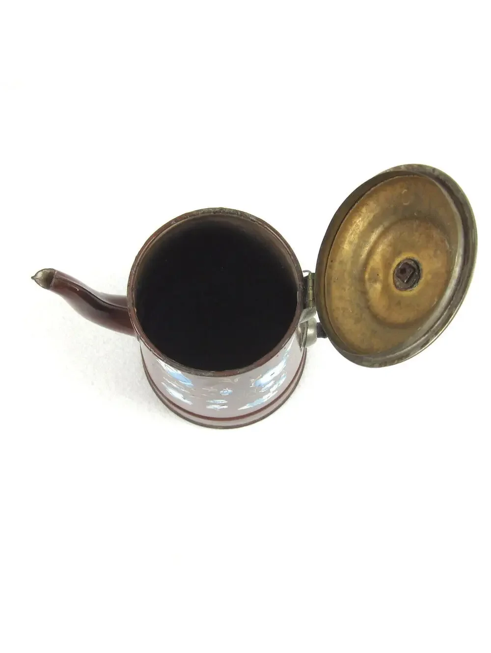 Antique Enamelware Coffee Pot Boiler Brown & Blue Flower Floral Lid Handle RARE